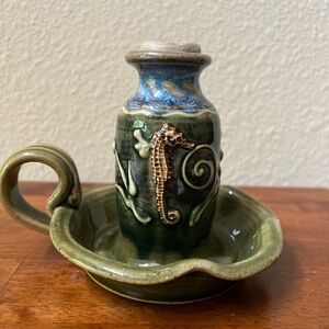 Daniel & Rhonda Heinecke Vintage Chamberstick Oil Lamp Art with Seahorse No Wick